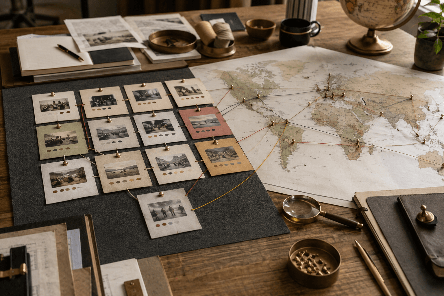 Editorial planning table with topic cards and a world map arranged as two intersecting navigation systems.
