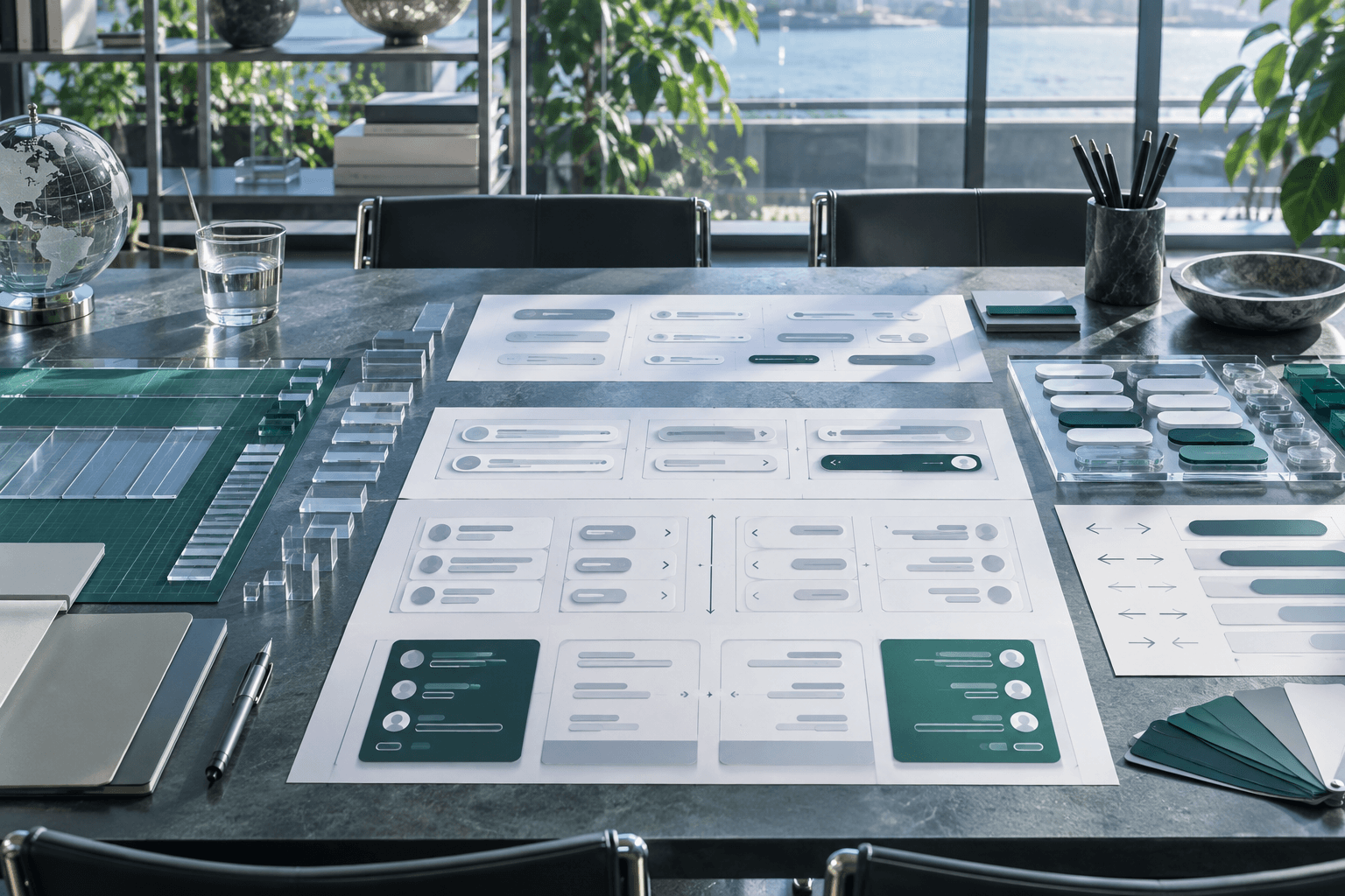 A design-system workbench with flexible component frames, spacing scales and mirrored layout cards arranged for multiple writing directions.