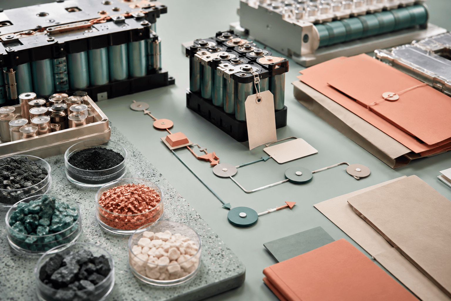 Battery supply-chain desk with cell modules, material samples, supplier folders, a data-carrier label mockup and a traceability flow diagram without readable text