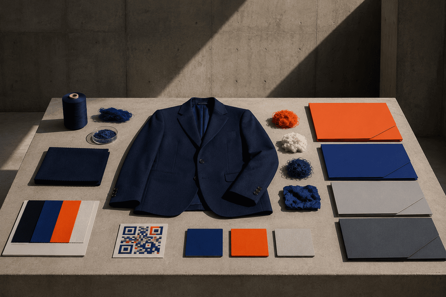 Garment care table with a jacket, fabric swatches, fiber samples, QR-style data carrier mockup and supplier evidence folders without readable text
