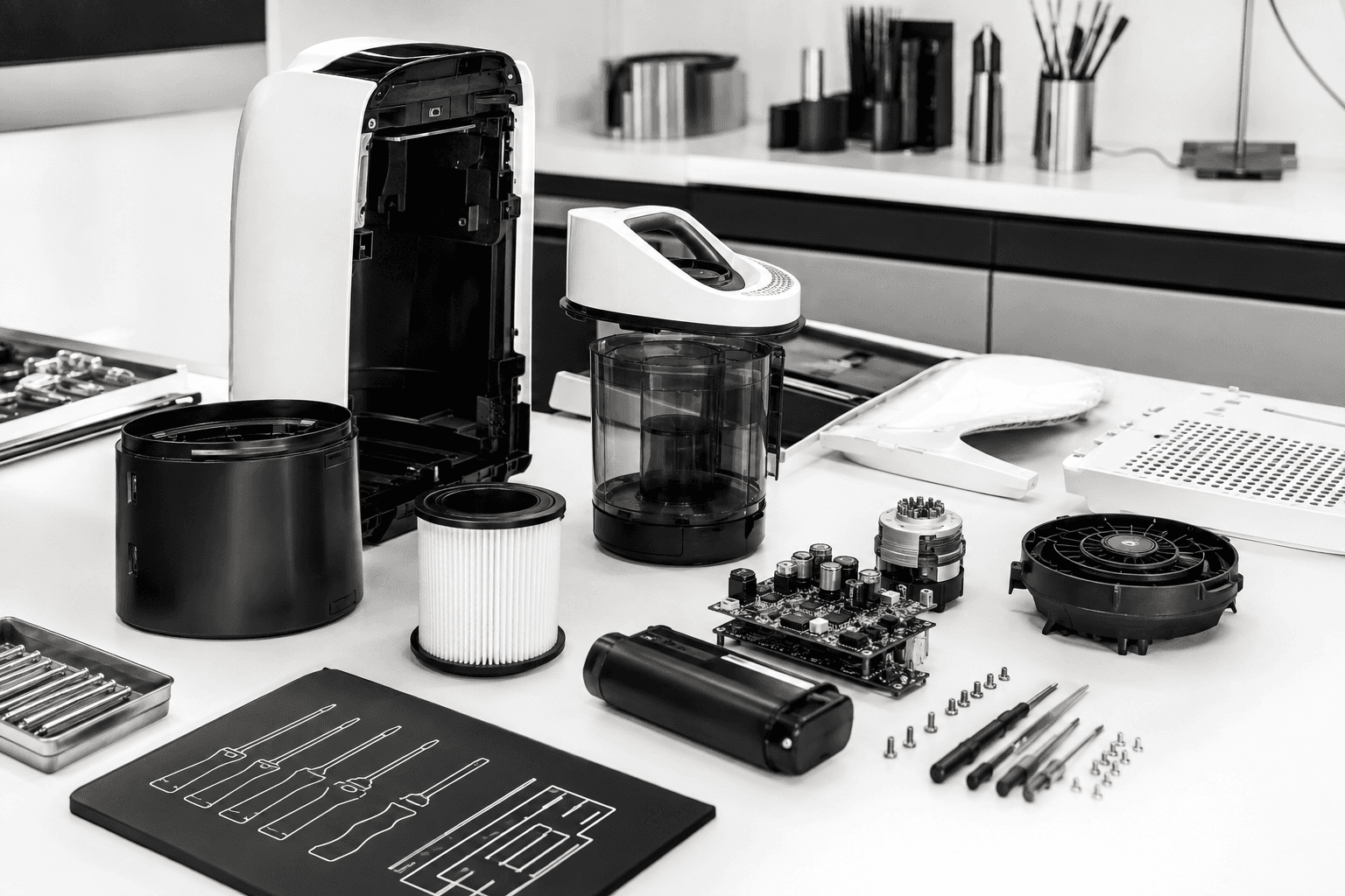 Product engineering workbench with a small appliance disassembled into modules, labeled tool silhouettes, fasteners and spare components arranged for service access