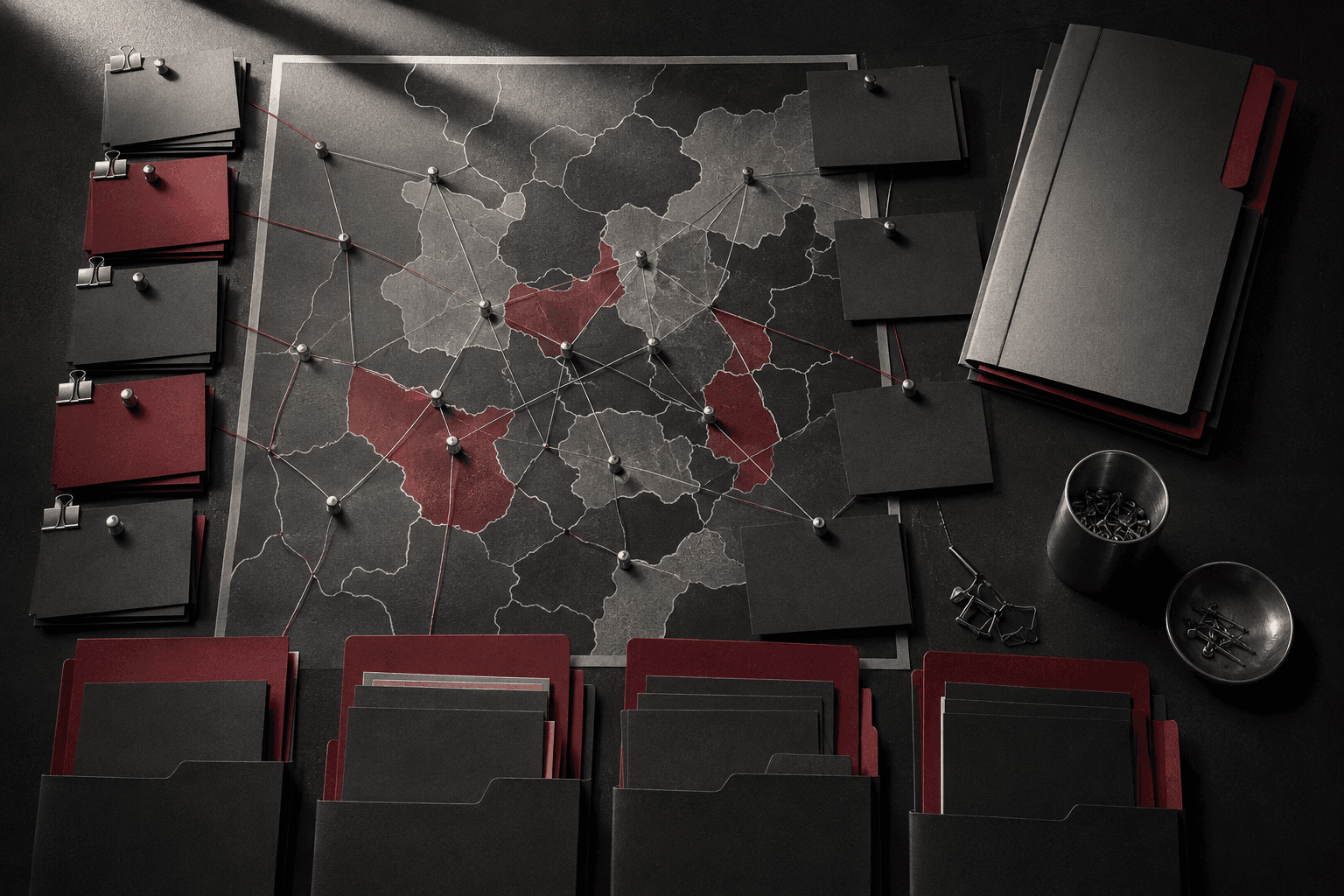 Service-area planning wall with a regional map, verified coverage cards, local case folders and separate operational notes for multiple cities