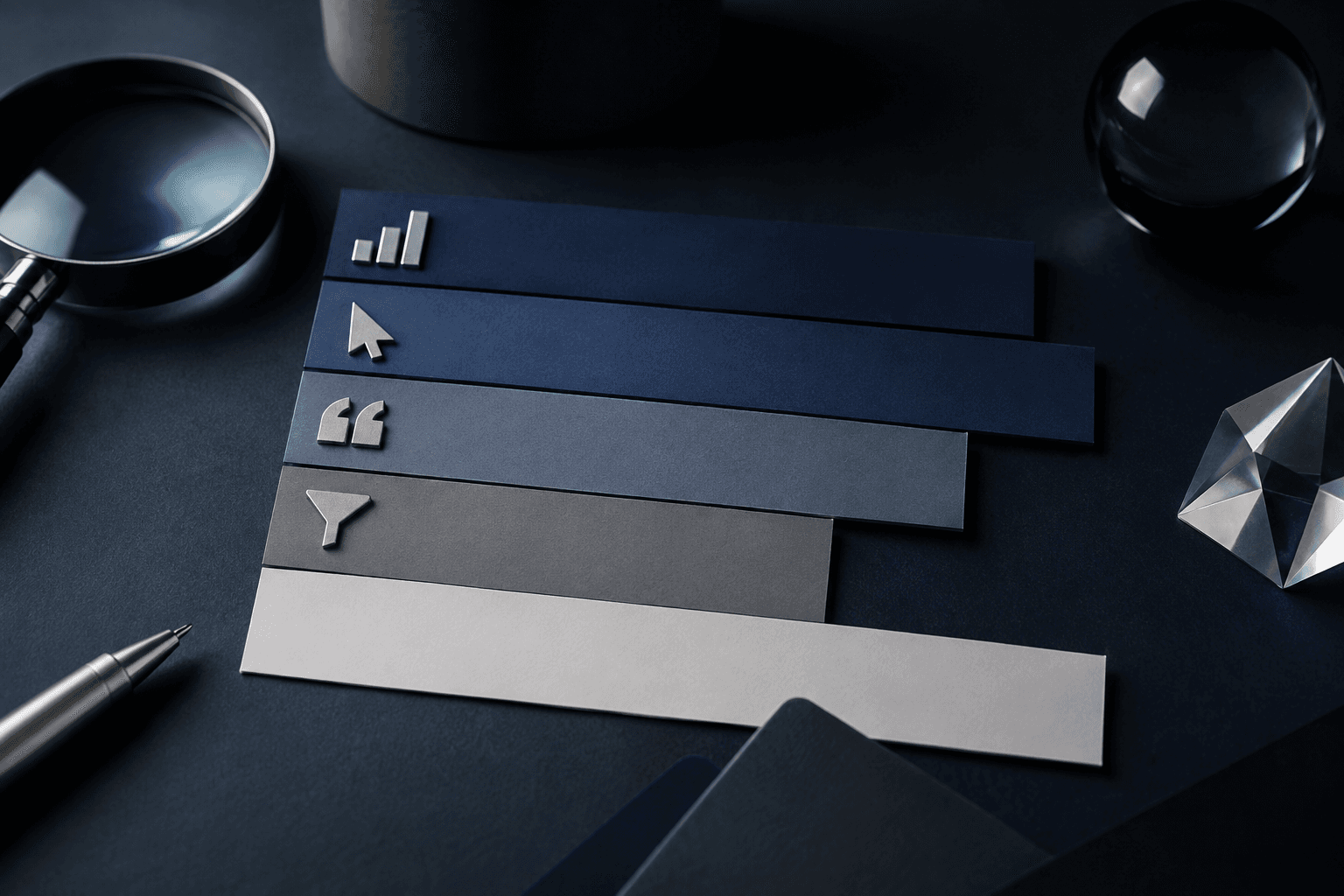 Search measurement desk with layered charts for impressions, clicks, citations and conversions, plus an intentionally blank band representing unmeasured exposure