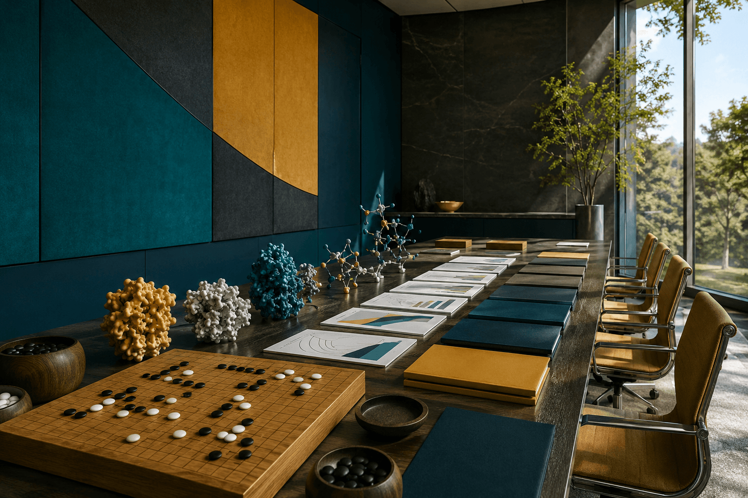 Research strategy room with a Go board, protein-model forms, benchmark charts without readable labels and staged project folders arranged along a long planning table