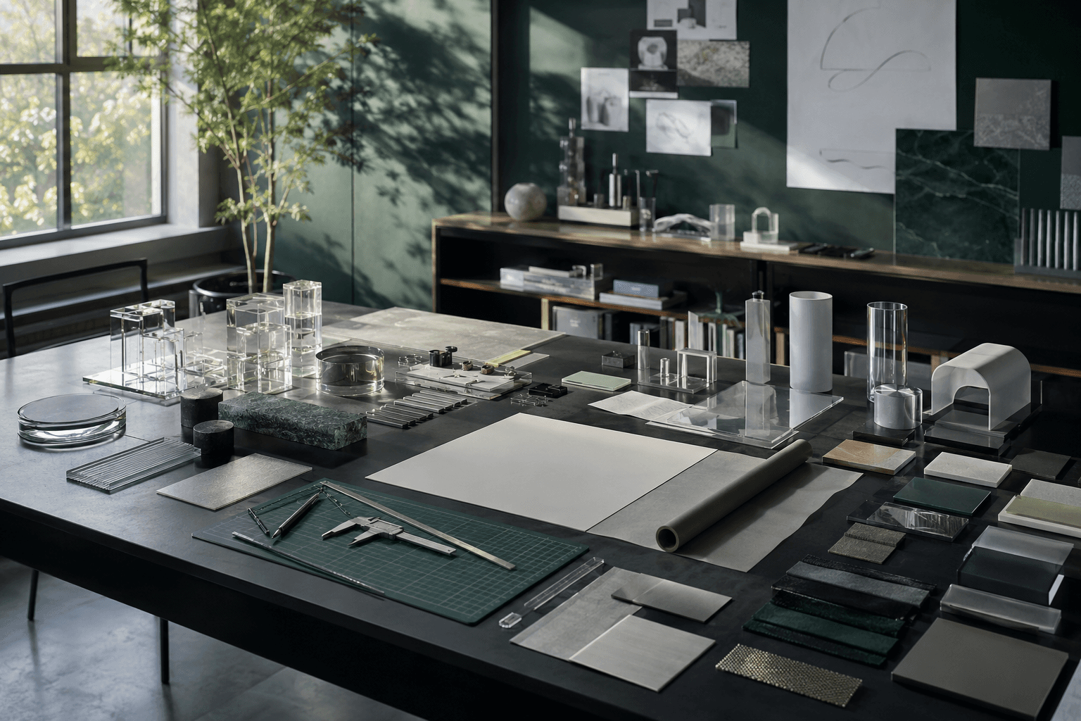 Quiet multidisciplinary design studio table with material samples, scale models, printed mockups and precision tools arranged for review