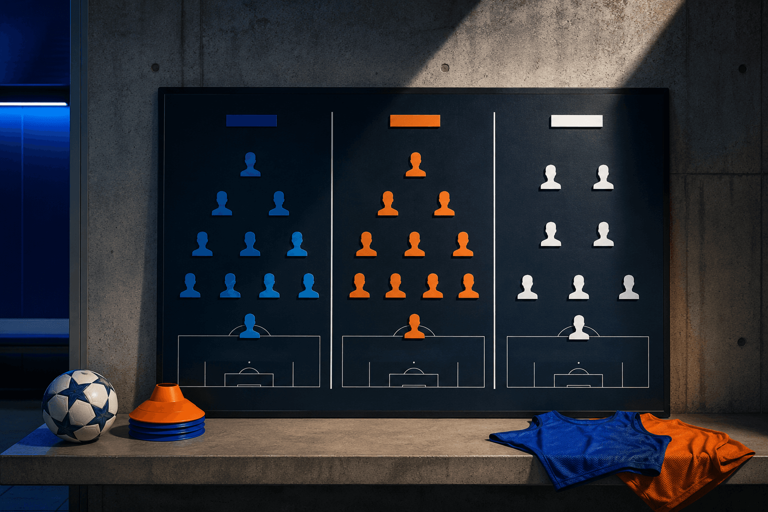 A football squad planning board divided into List A, List B and locally trained player groups