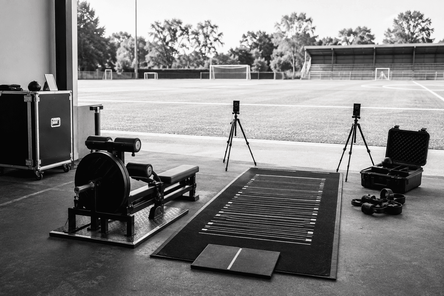Football recovery testing setup with a jump mat, sprint timing gates and hamstring strength equipment beside an empty pitch