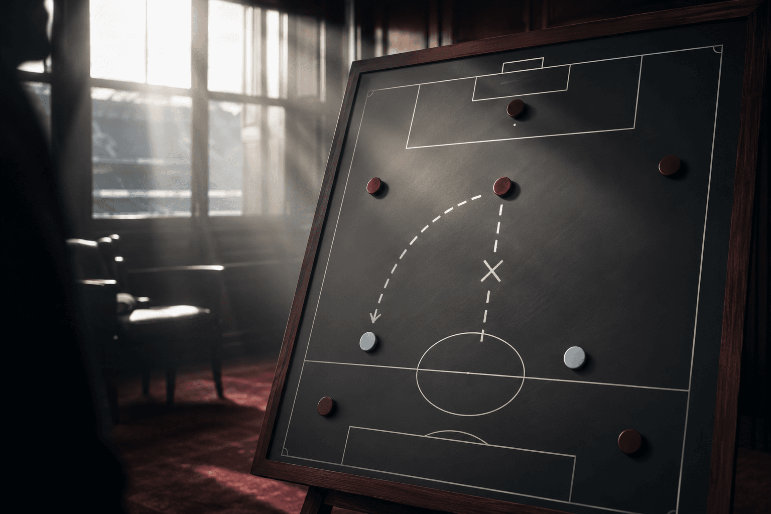 A football tactics board showing a centre-forward curving a press to block one centre-back while screening a central passing lane