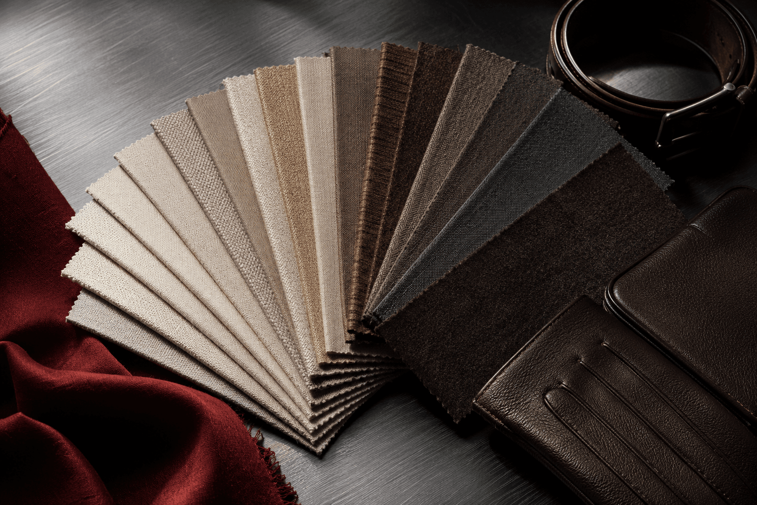 Neutral fabric swatches in warm beige, cool stone, grey, cream and brown compared beside leather accessories in daylight.