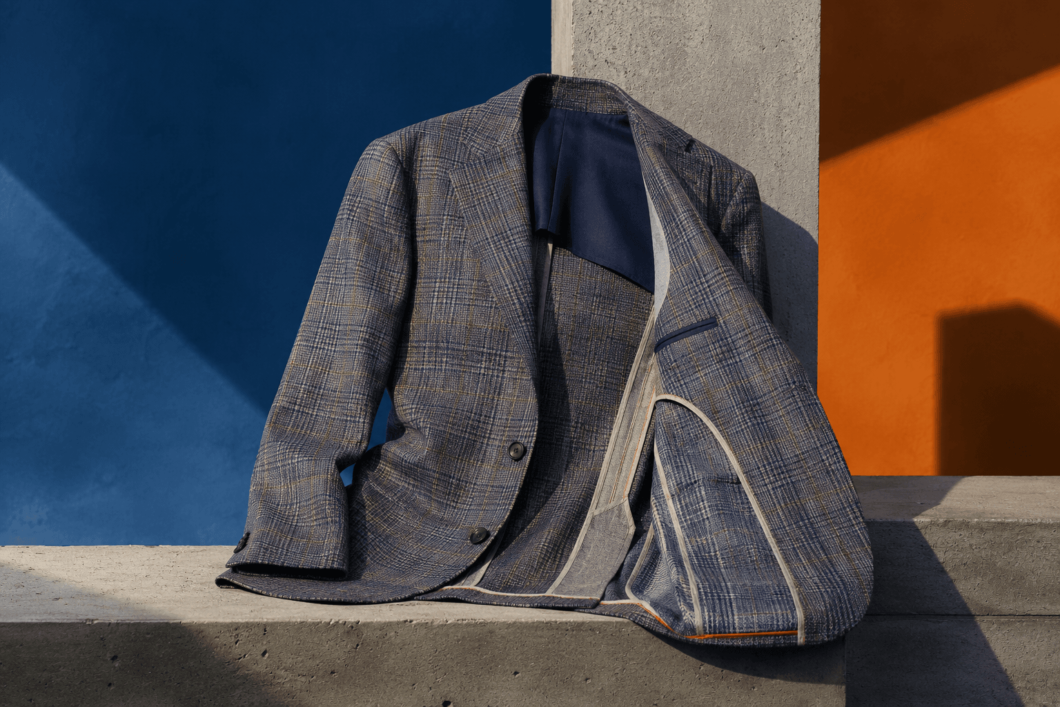 Close inspection of an unbranded tailored jacket showing seam allowances, matched checks, lining attachment, horn-like buttons and hand-finished interior edges.