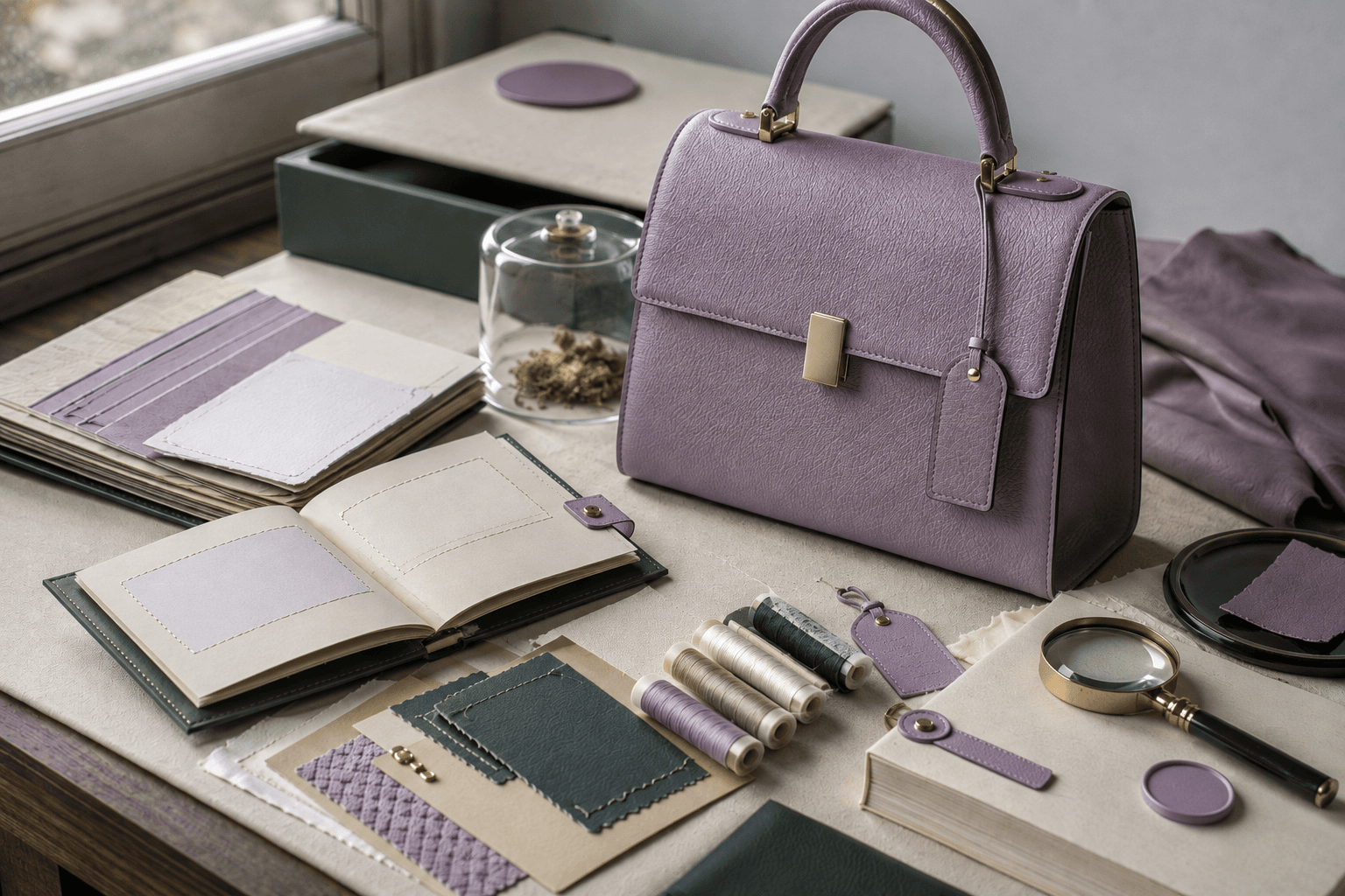 Premium leather good beside material swatches, repair record, serialized tag and supply-chain documentation on a studio table