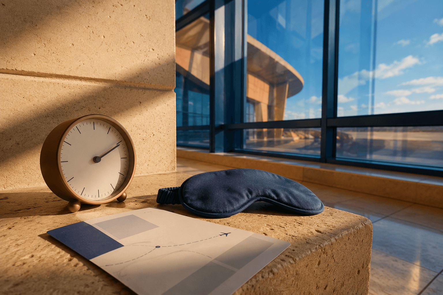 Travel clock, sleep mask and window light arranged beside an eastbound flight itinerary with no readable personal details