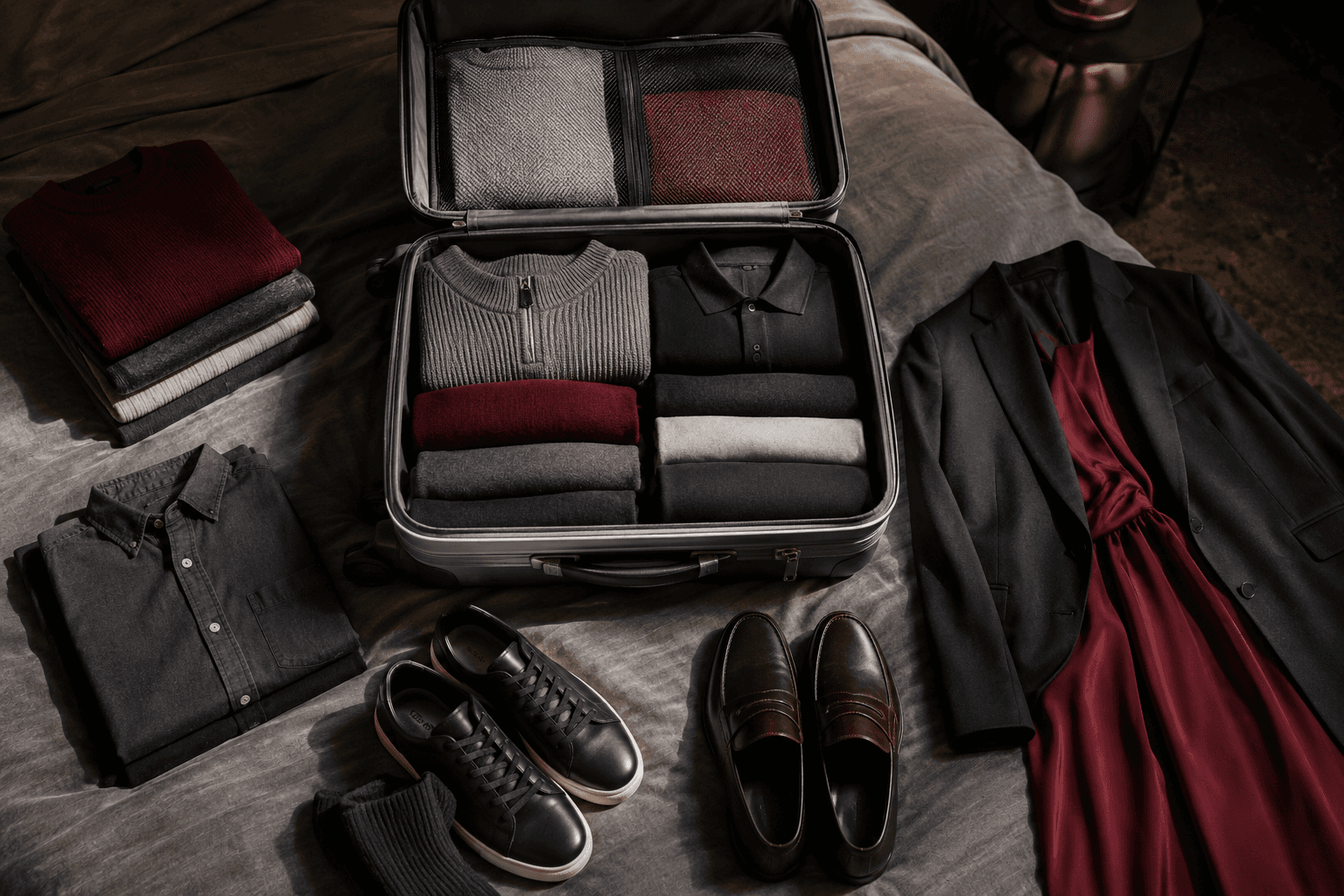 Compact carry-on suitcase with neutral clothing layers, two pairs of shoes and a folded formal outfit arranged on a bed