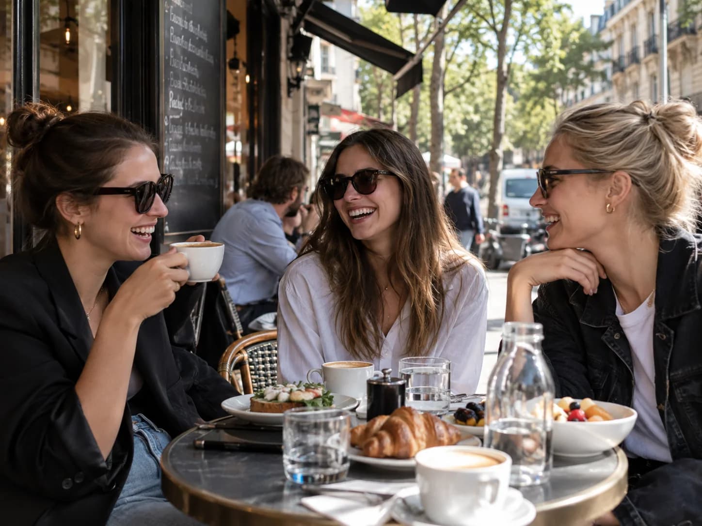 Friends walking through a lively city neighborhood on a relaxed weekend afternoon, discovering local places and things to do.