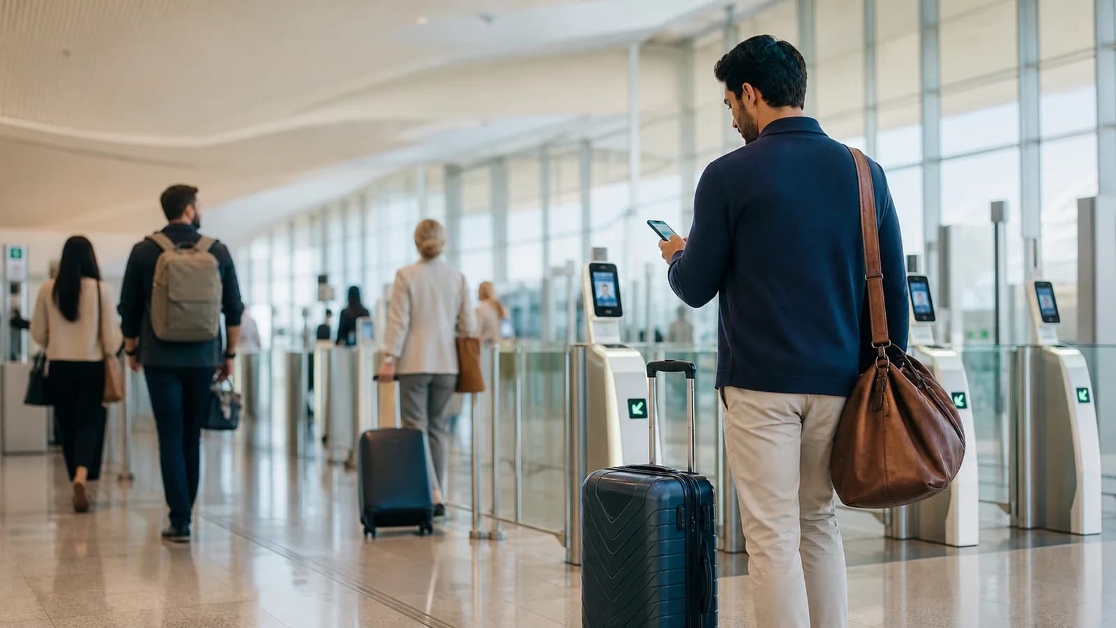 Traveller with luggage preparing at modern biometric border gates in a European airport
