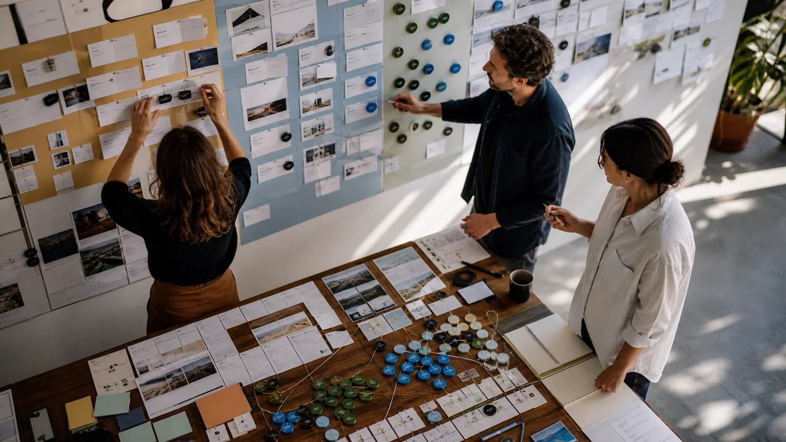 Marketing team auditing search-campaign controls on a clean analytics wall without platform logos