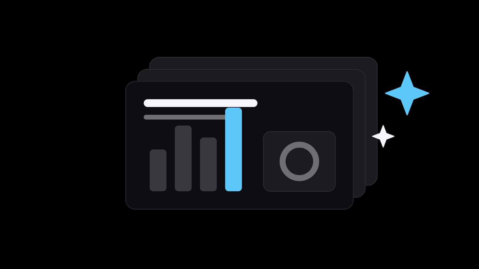A stack of slides with a bar chart, the tallest bar in sky blue, and a blue sparkle beside the stack