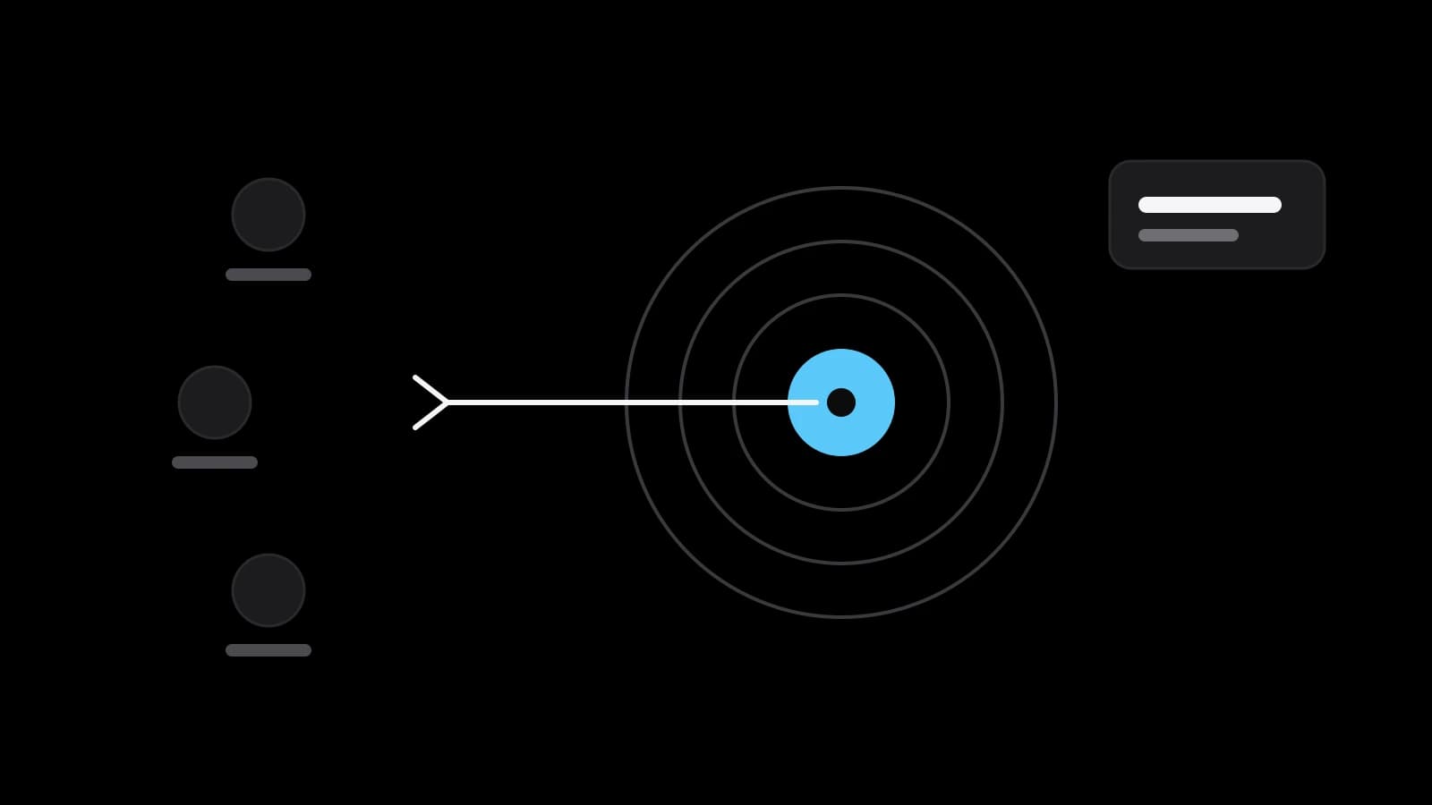 Three grey dots on the left and an arrow flying into a target whose centre is sky blue