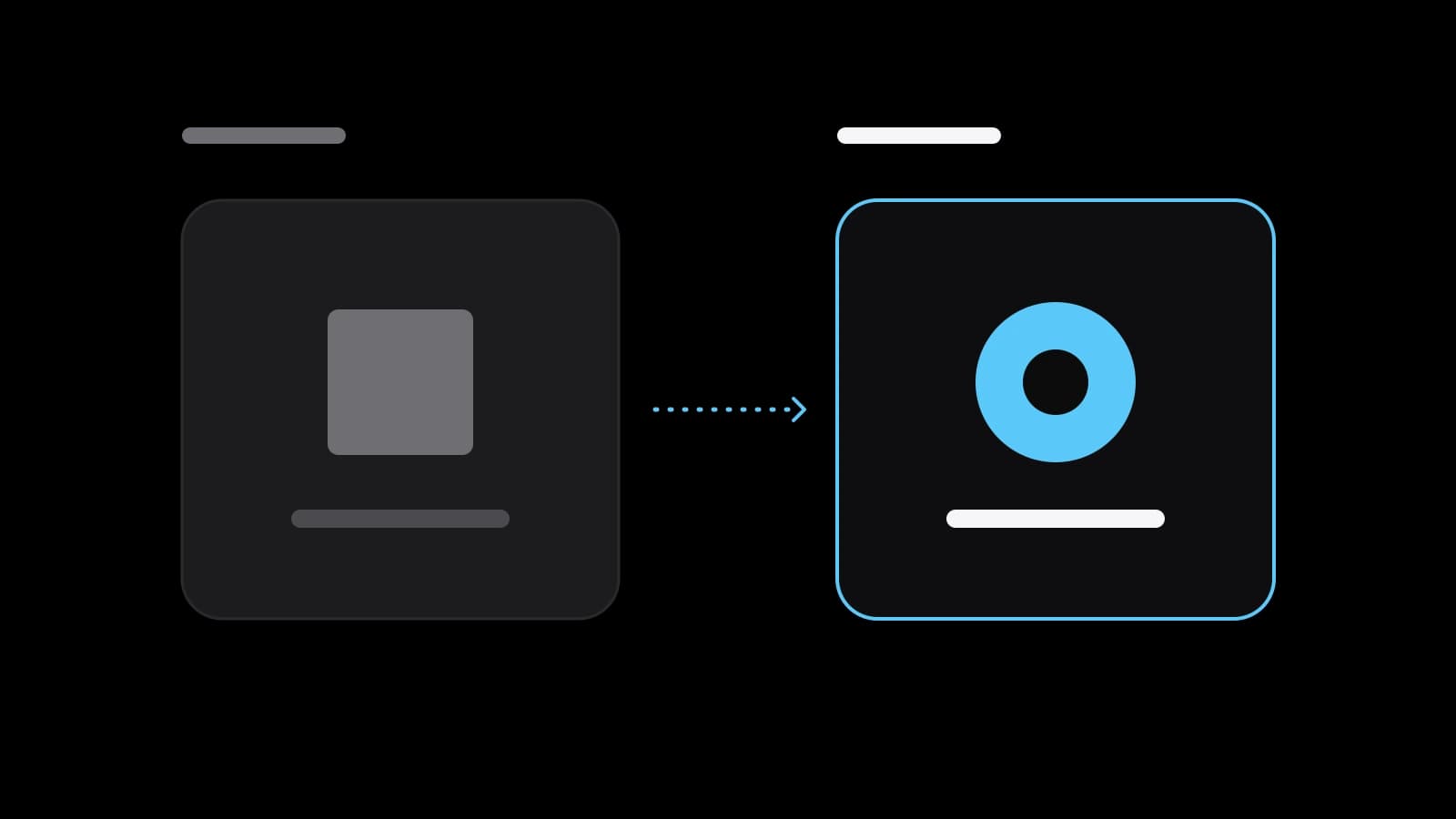 Two cards: a grey square logo on the left, a dotted arrow, and a round sky-blue logo on the right
