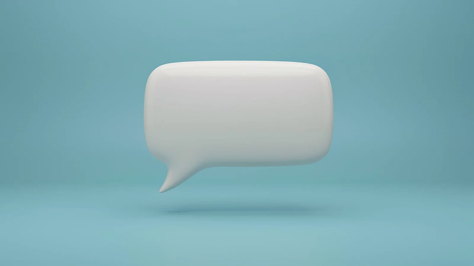 A glossy white speech bubble floating above a plain sky-blue background; AI-generated image