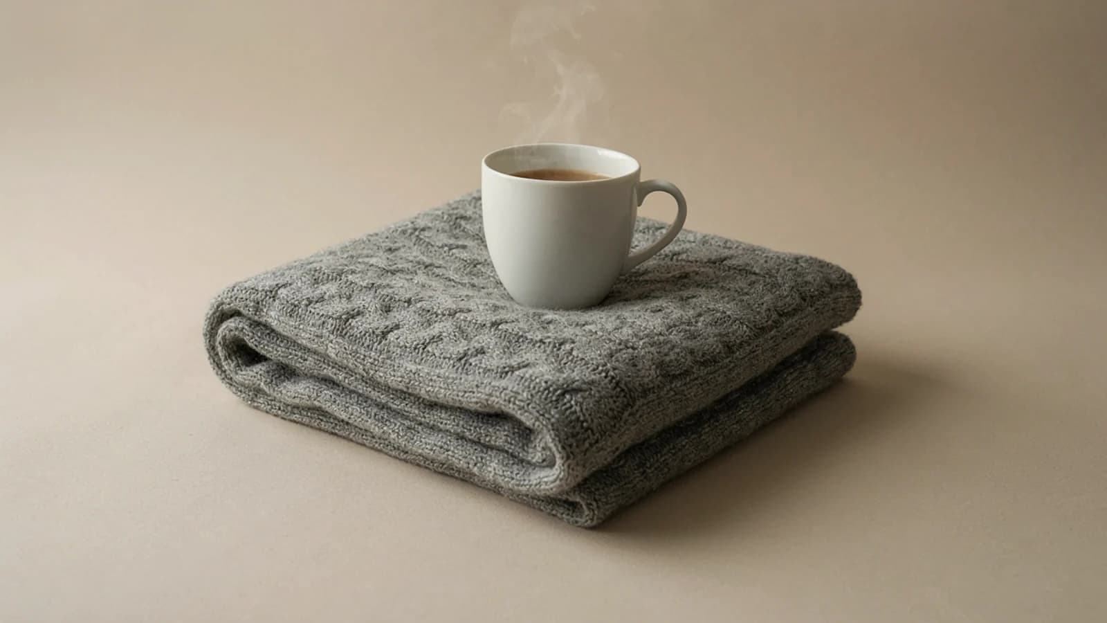 A white mug of steaming tea on a folded grey knitted blanket, on a plain soft beige background; AI-generated image