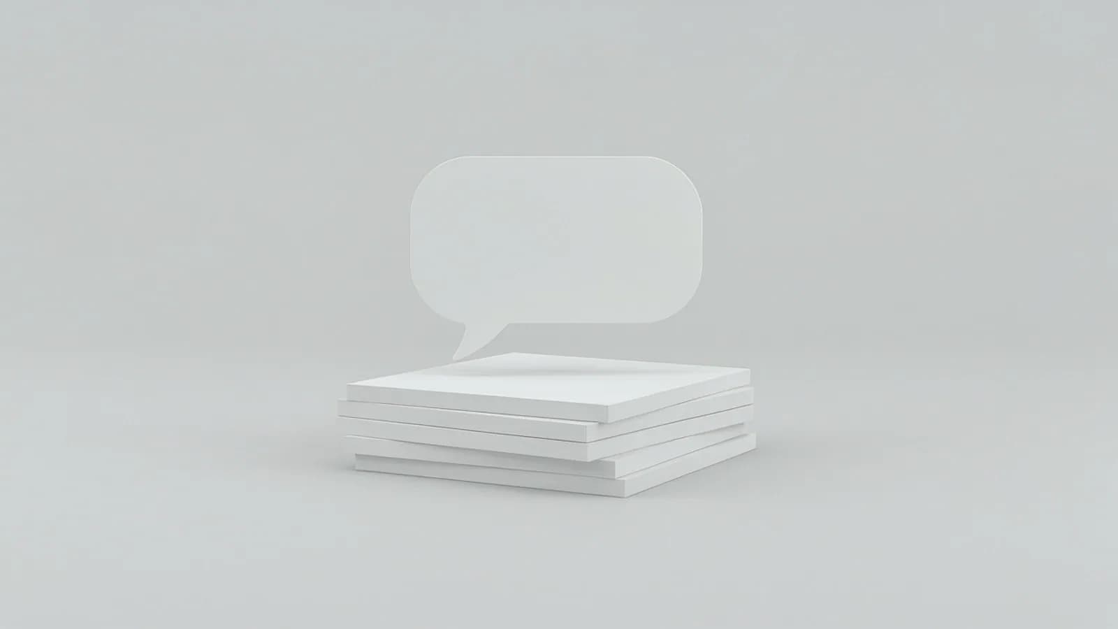 A stack of white cards with a pale speech bubble above it on a plain light grey background; AI-generated image