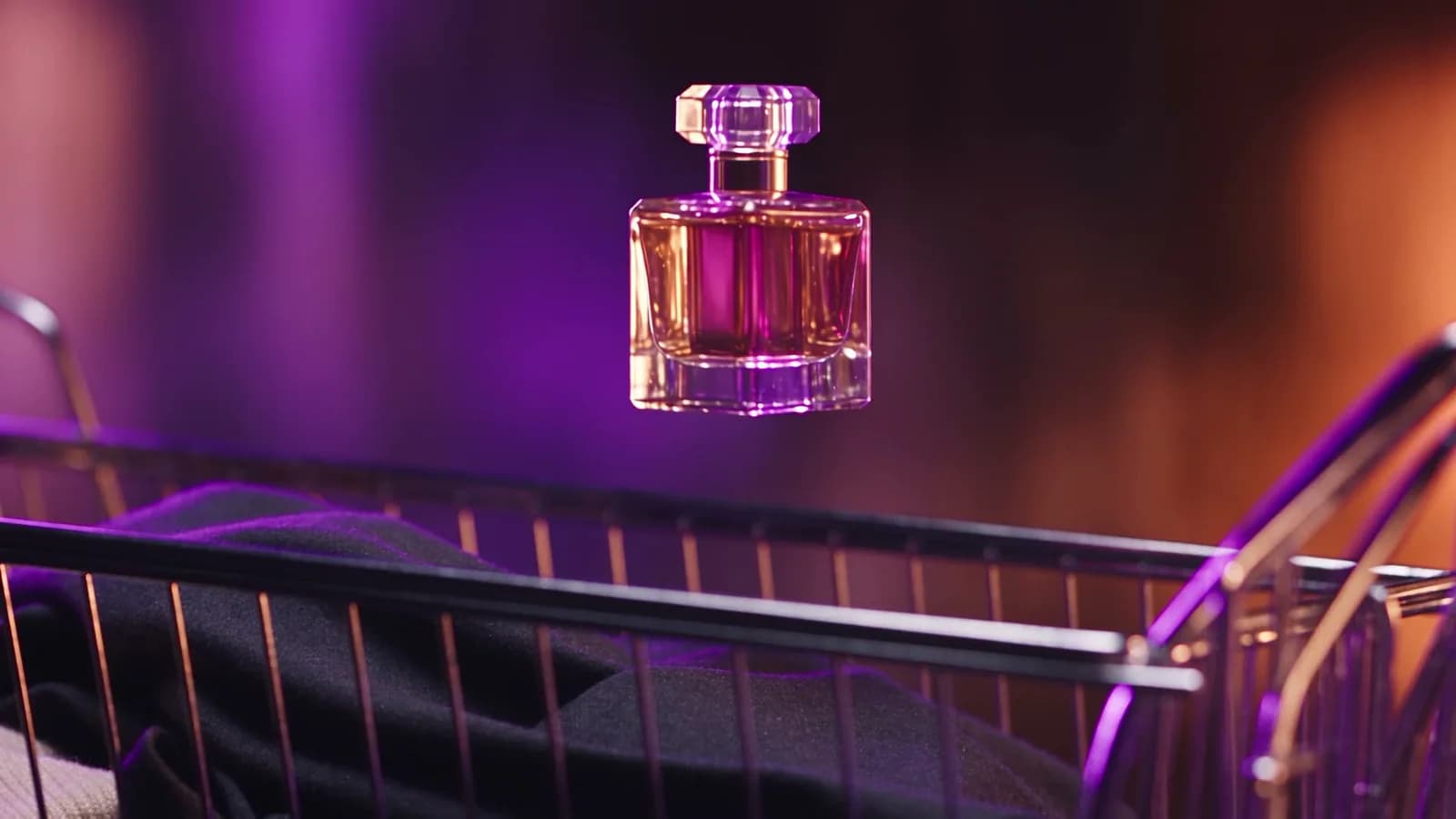 A frame from the AI-generated hero film of the VITON13 store: a perfume bottle above a shopping trolley in violet and amber light