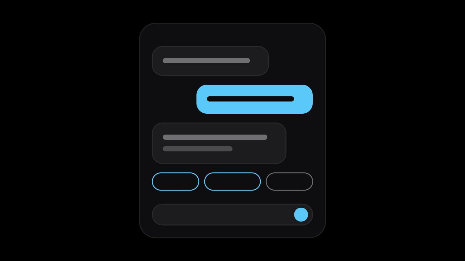 Drawn cover: a chat window with a grey question, a sky-blue reply, three quick-reply chips and a message field
