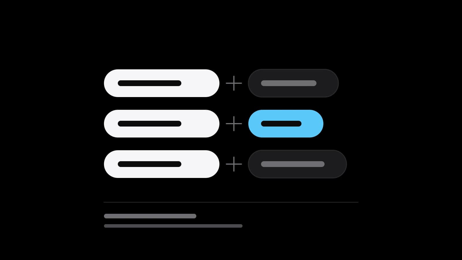 Drawn illustration: three white verb blocks, each joined by a plus sign to a particle block, one of the particles highlighted in blue.