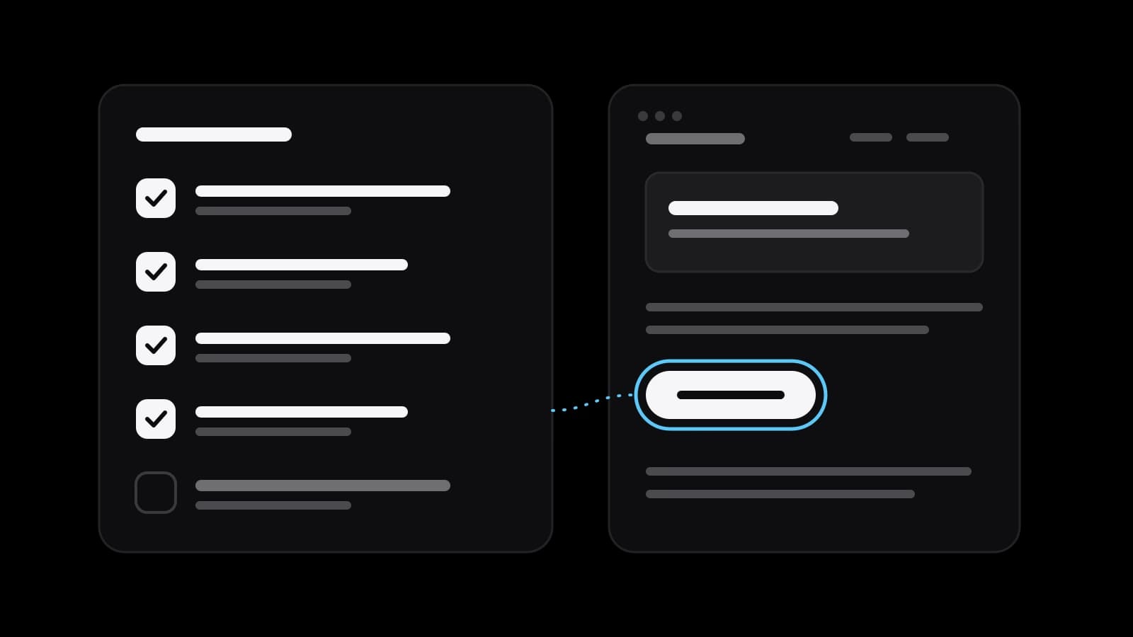 Drawing: a checklist with ticks next to a page with a focused button