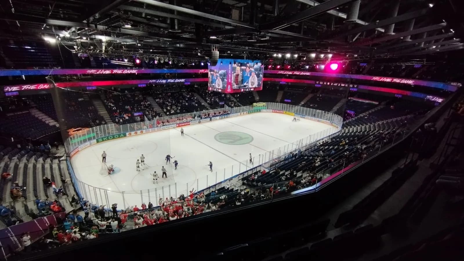 The rink of Nokia Arena in Tampere seen from the upper stands during France v Hungary at the 2023 IIHF World Championship; photo from Wikimedia Commons