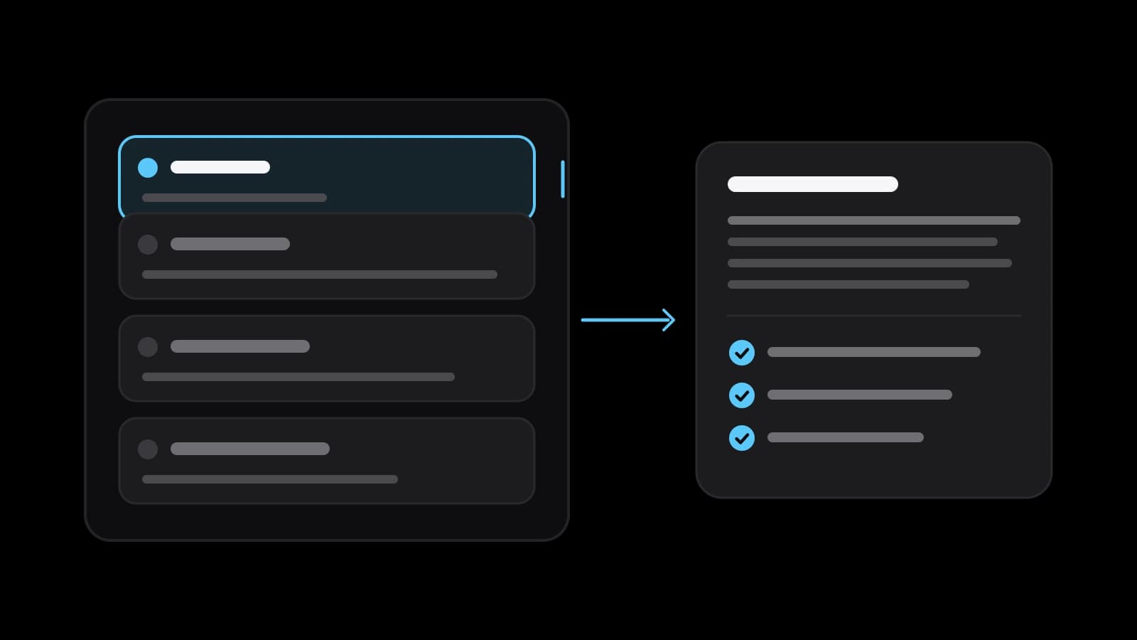 A drawn request built of four stacked blocks on a black ground, the first outlined in sky blue, with an arrow to an answer card that ends in three ticked lines