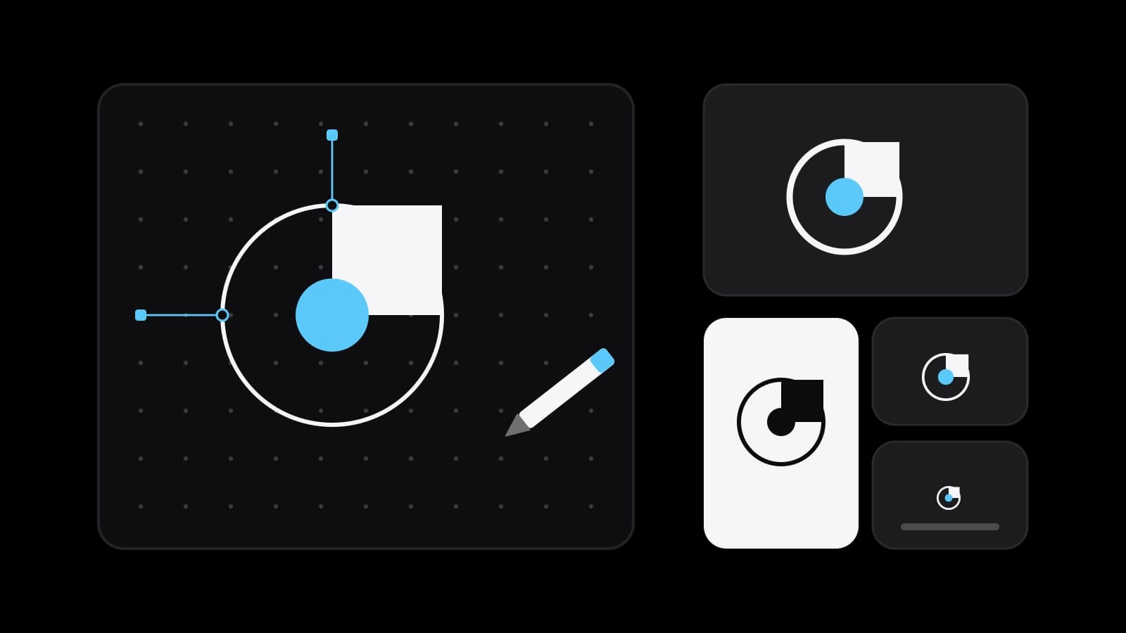 A simple round mark being drawn on a dotted grid with guide lines and a pencil on a black ground, and the same mark repeated at four sizes in tiles on the right