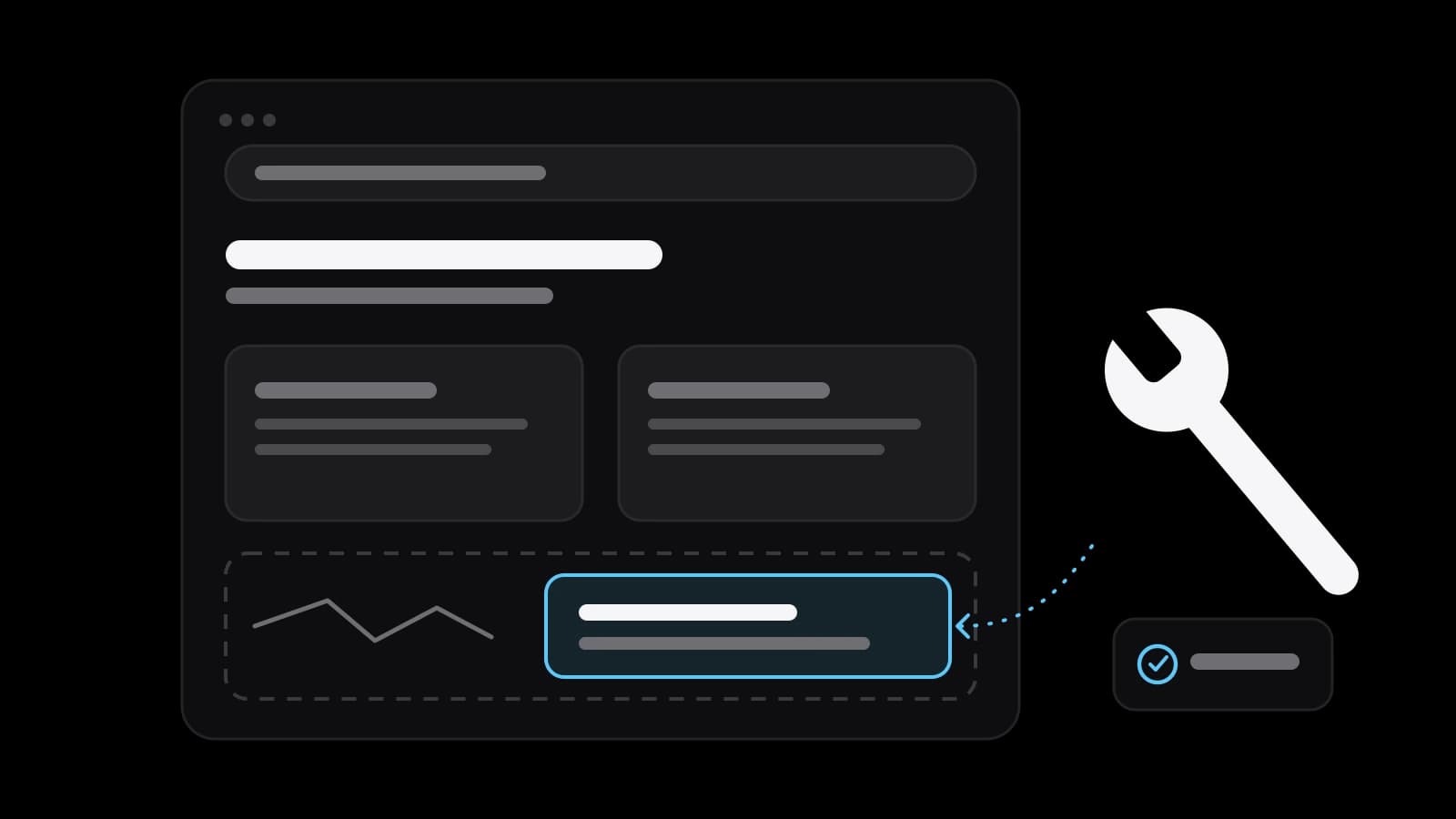 On a black background, grey and white rectangles form the layout of a web page, and one missing block has been replaced by a sky-blue square, like a repaired part.