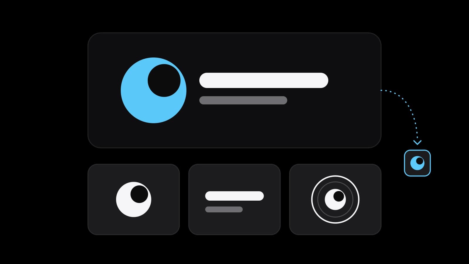 A grey square and a white circle on a black background lock together into one mark beside three white bars standing in for lettering, with a small sky-blue triangle as the only accent.