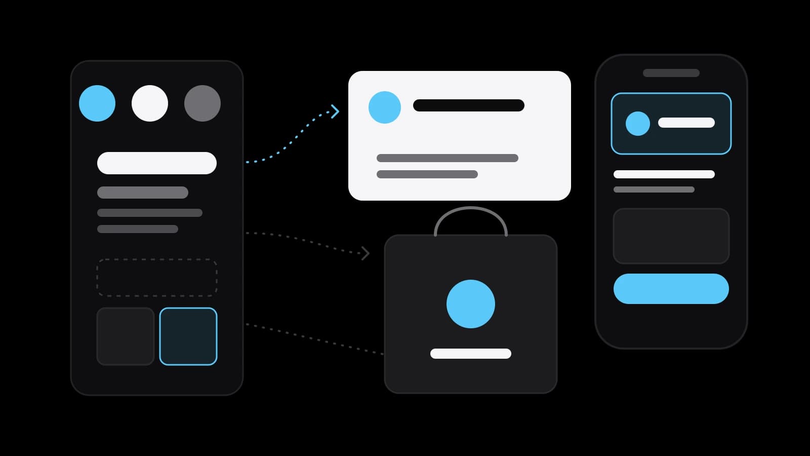 On a black background, grey and white circles, squares and thin lines are arranged like a logo mark, a row of colour swatches and a page grid, with one sky-blue square as the only accent.