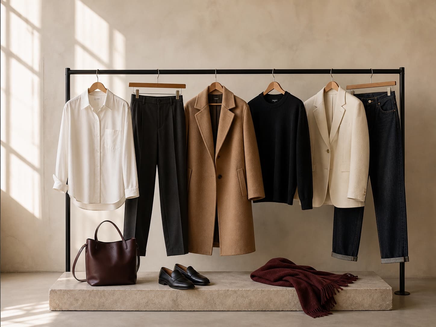 A capsule wardrobe on a rail: white shirt, black trousers, camel coat, black knit, cream blazer and dark jeans, with a tote, loafers and a burgundy scarf