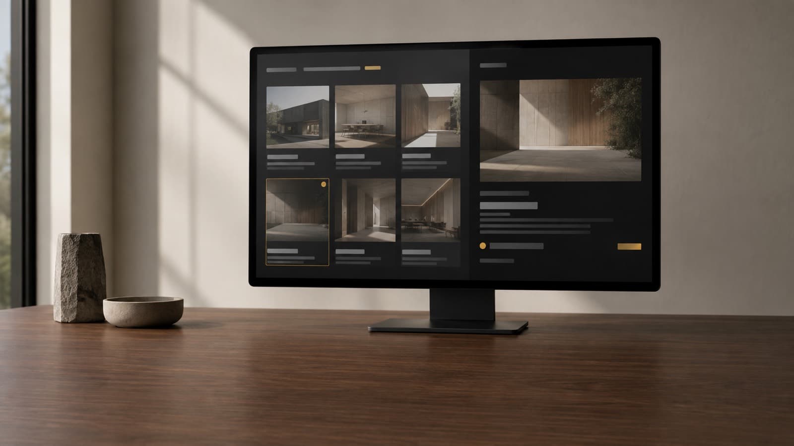 A monitor on a dark wooden table by a window shows a dark portfolio page with a grid of architectural project thumbnails and a detail panel on the right, beside a stone vase and a small bowl